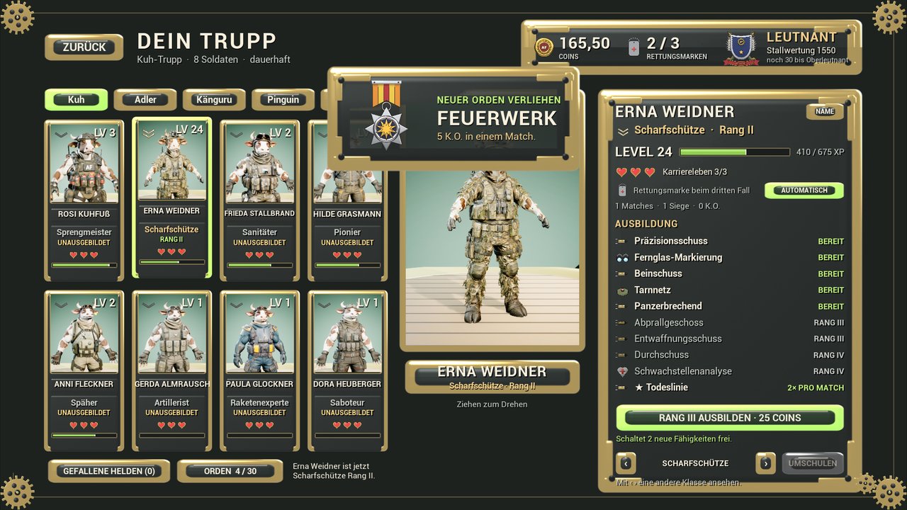 Die Trupp-Seite mit acht Soldaten, 3D-Bühne und Ausbildung